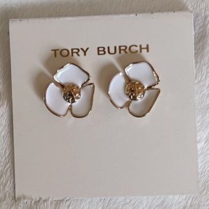 Tory Burch White Flower with Gold Logo Earrings  NEW